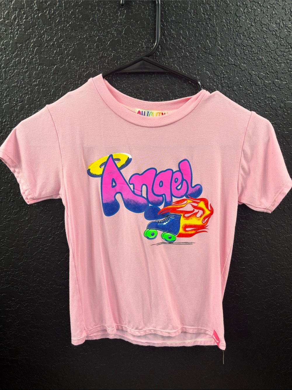 omighty Y2K Pink 'Angel' Graphic Crop Tee with Roller Skate Art